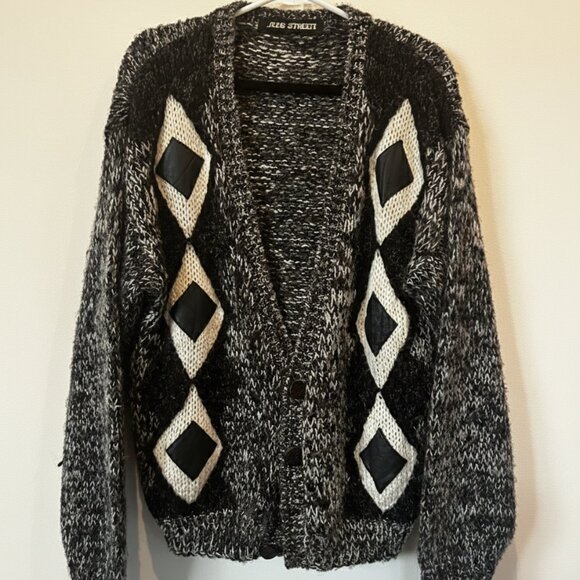 Hyde Street Chunky Knit Cardigan Black White Diamond Pattern | Vintage Wool Blen - Picture 1 of 4